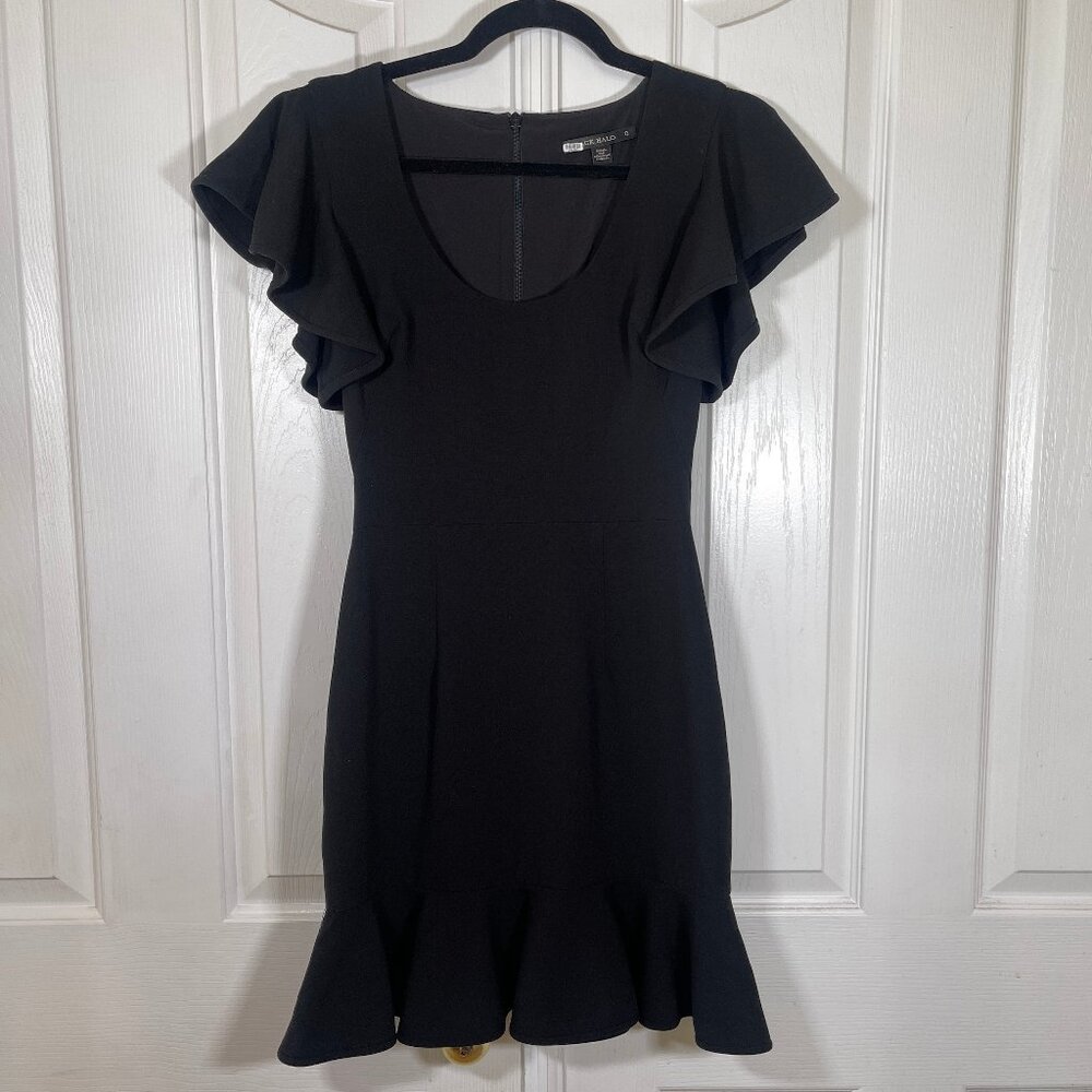 Black Halo Ruffle Hem Dress Flutter Sleeve LBD Size 0